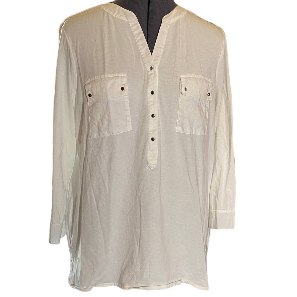 Raffaella Womens Size Large White Metal Accent Popover 3/4 Sleeve Pockets Blouse